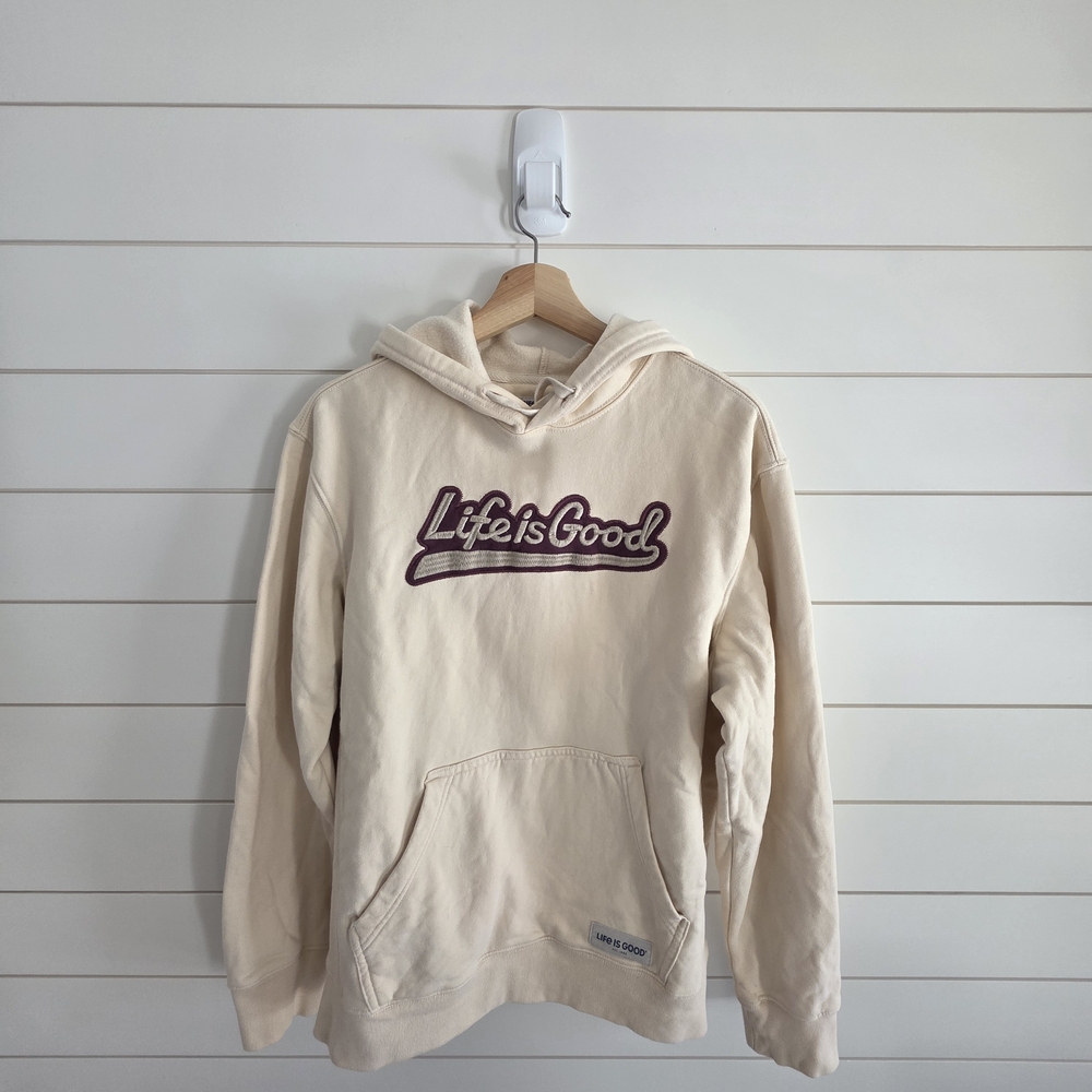 Life is Good Cream & Burgundy Varsity Script Sweatshirt Mens Medium-100% Cotton